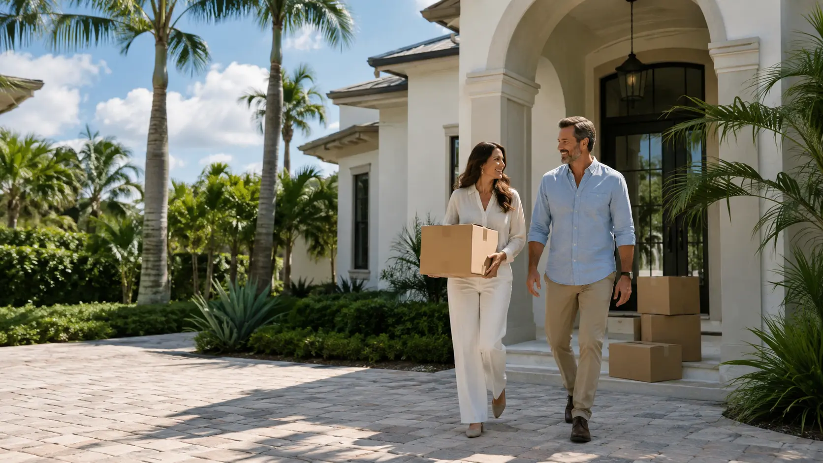 Couple arriving at their new Florida home with moving boxes
