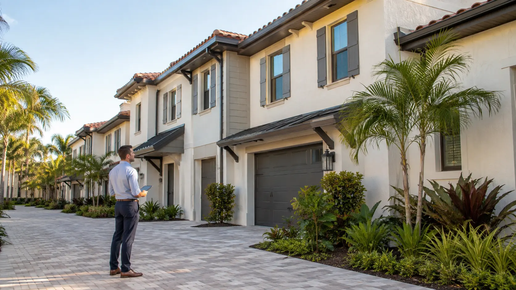 Florida property manager reviewing a well-maintained townhome community